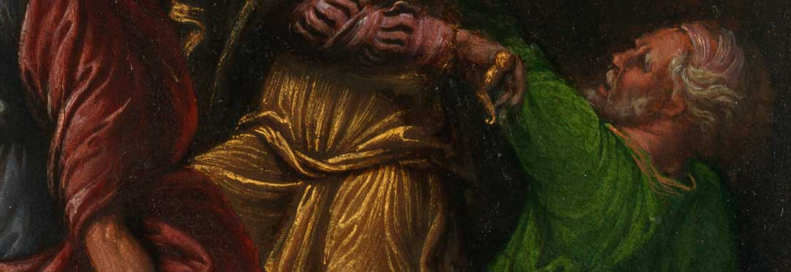 Pine resin in the green cloak of the kneeling figure