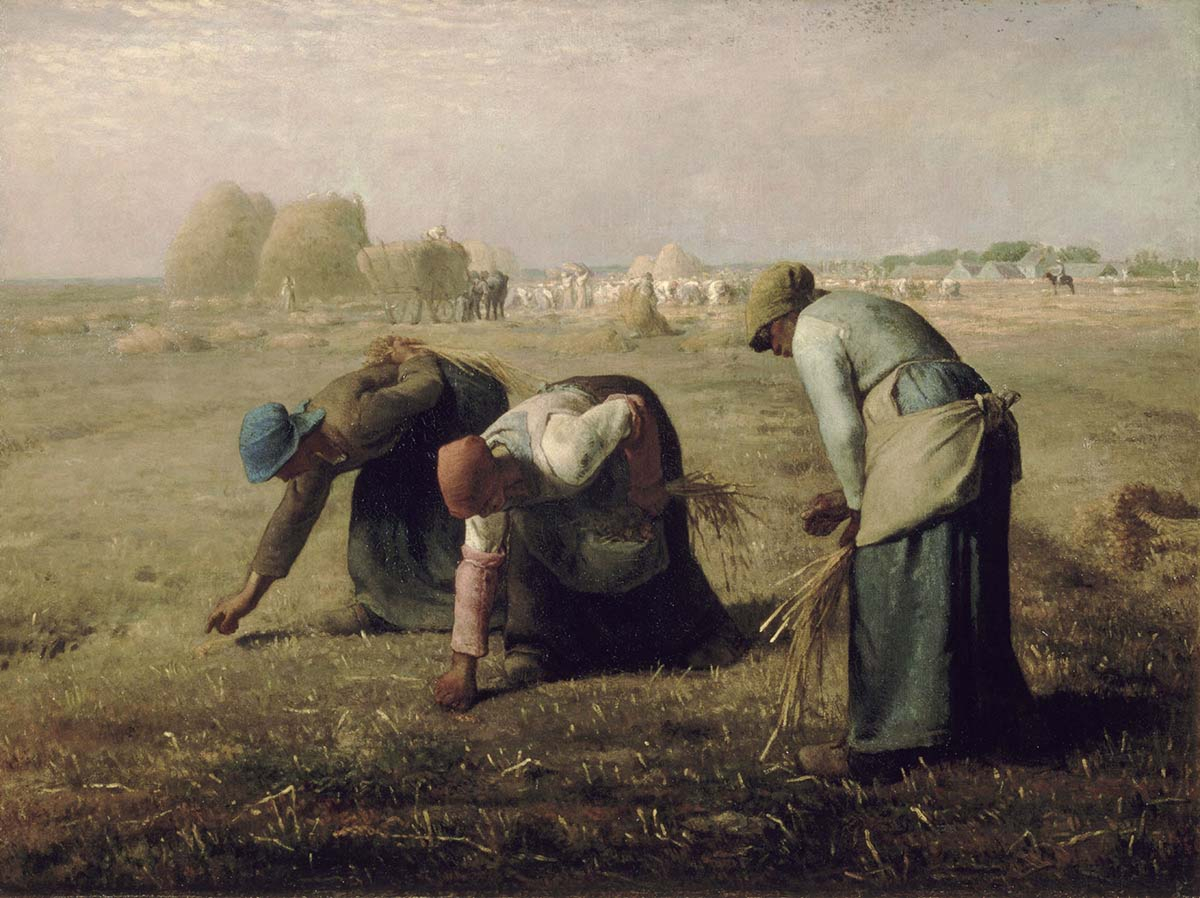 Jean-François Millet, “The Gleaners” (1857): three peasant women bending to collect leftover wheat after harvest—an iconic 19th-century tribute to labor.