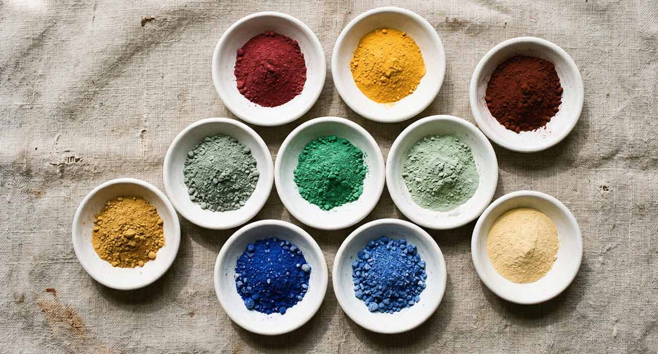 Raw historical pigments — including malachite, lapis lazuli, smalt, ochre, and earth pigments — in small ceramic dishes on a worn linen studio surface.