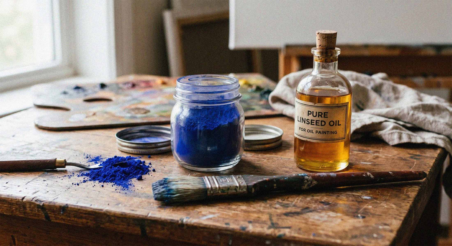 Raw mineral pigments, linseed oil, and a brush — the traditional materials of oil painting