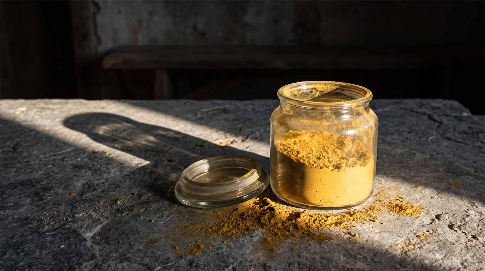 A pile of yellow ochre pigment powder in an open glass jar, lit dramatically from one side, casting a long shadow across a stone surface.