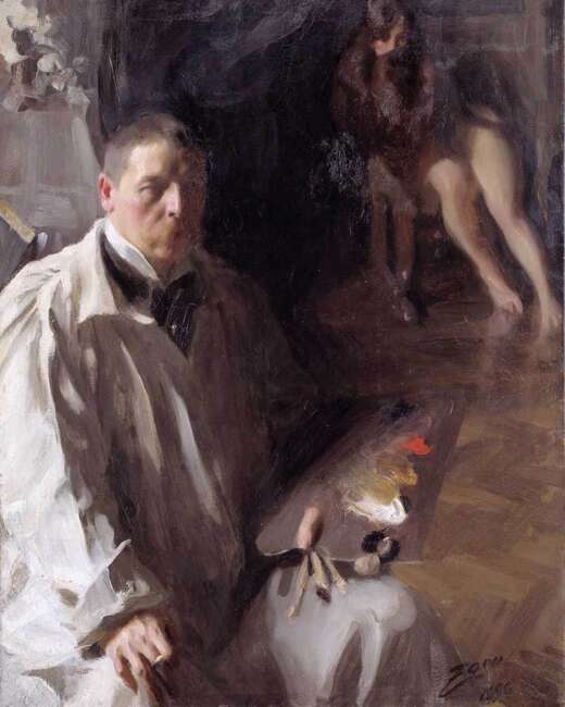 Anders Zorn, Self-portrait with model, featuring the Zorn palette