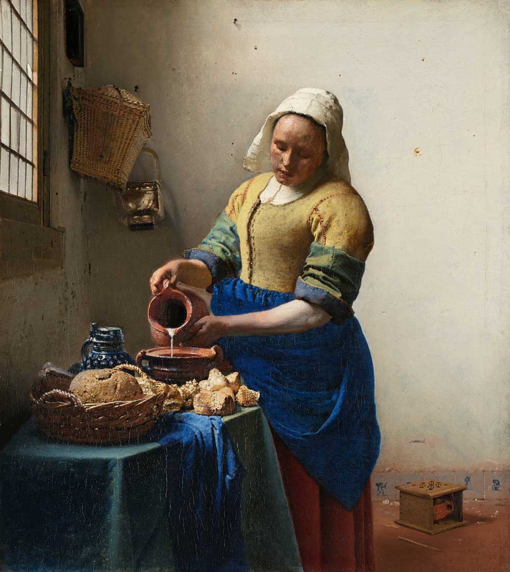 The milkmaid, by Johannes Vermeer (1650). Vermeer used umber for the shadows on the whitewashed walls, since they were warmer than those made with black.
