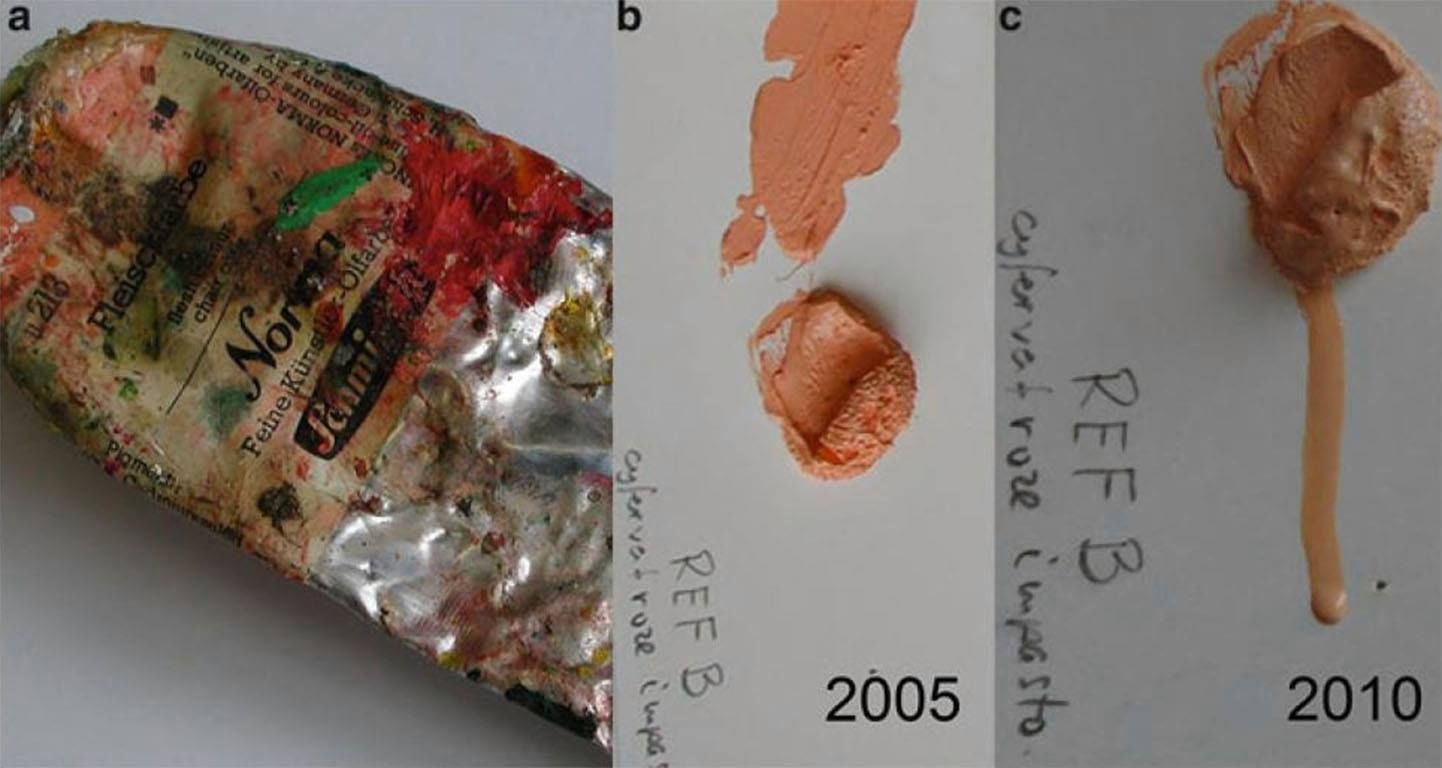 A tube of Norma Fleischfarbe pink paint (a) used by van Hemert for his Seven series paintings. The paint was used in 2002 for thin and thick paint application (b) on a nonpermeable support (Photos were taken in 2005 and 2010). In late 2009 the thicker impasto swatch (c) showed a molten appearance followed by drip formation (Boon 2014)