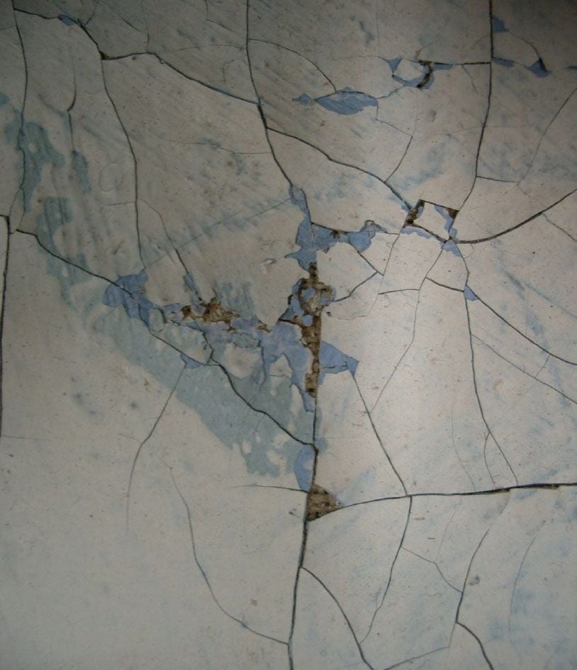Detail of a painting by Henry Cliffe shows severe cracking and interlayer cleavage in paint containing lead white and zinc white.