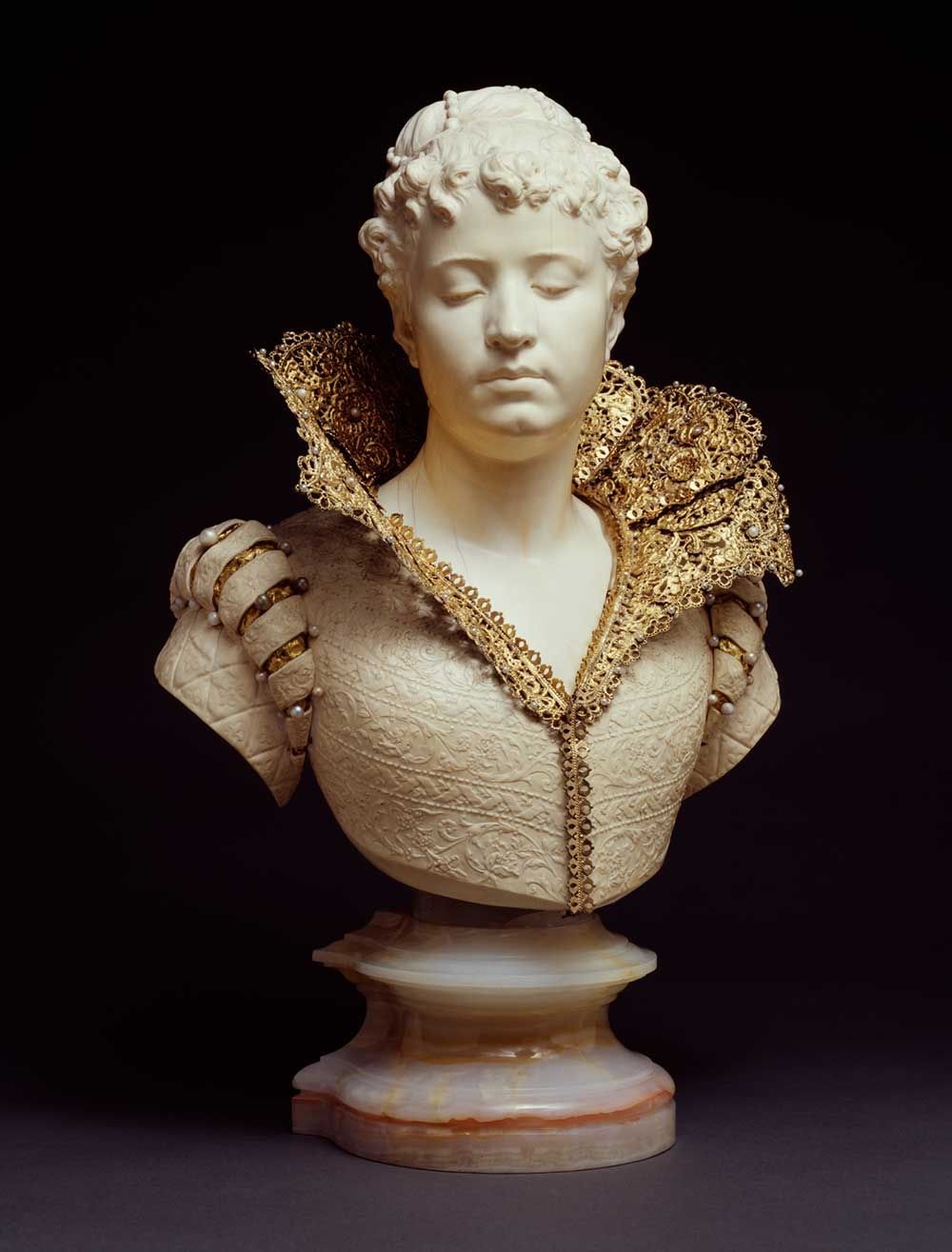 Augustin Jean Moreau-Vauthier [Father], A Florentine Lady, c. 1892, ivory, gilt on silver, pearls, onyx, 17.9 inches