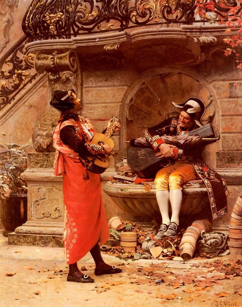 Jehan Georges Vibert, The Serenade, 1877, oil on panel, 14.76 x 18.11 inches (37.5 x 46 cm), Private Collection